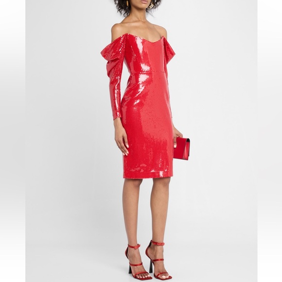 Alex Perry Off Shoulder Draped Sequin Midi Dress